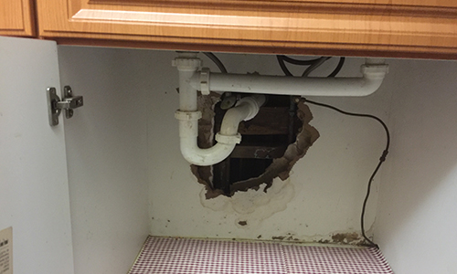 Water damage to cabinet below sink.